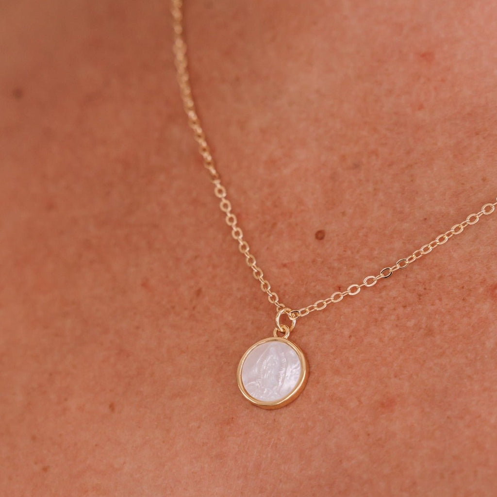 Our Lady of Guadalupe Mary Mother-of-Pearl charm. gold filled 18" necklace